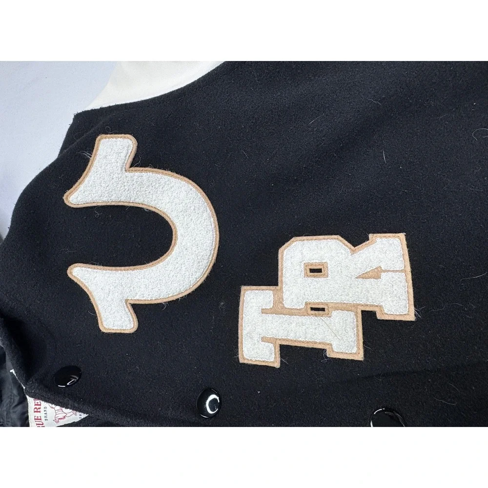 True Religion Hooded Varsity Jacket Black White Chenille Patch XL 51086-00